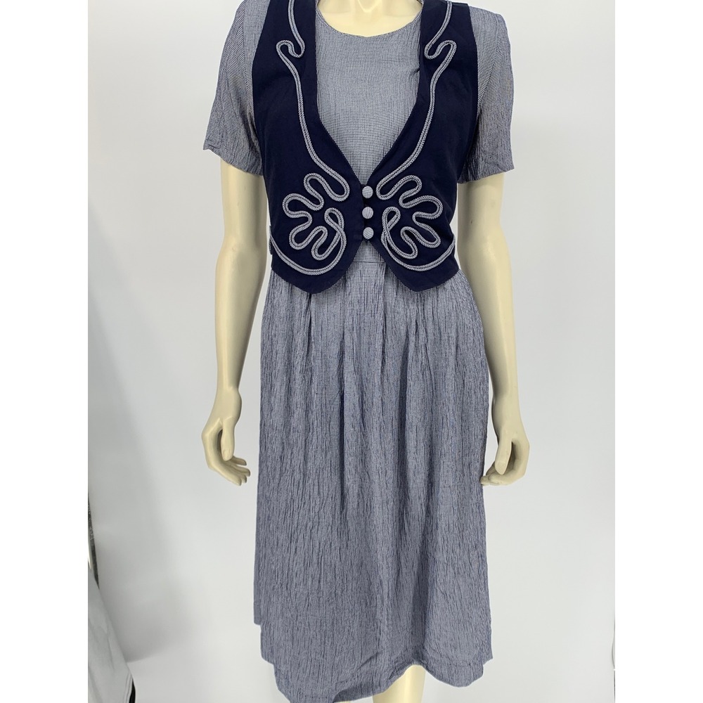 Vintage K Studio Navy Blue Houndstooth Dress Vest Overlay Soutache Embroidery M
